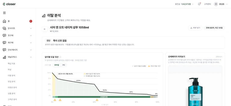 이탈 분석 상품 상세 화면의 진단과 깊이별 도달 곡선