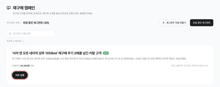 ‘바로 실행’ 버튼이 강조된 모집 중인 세그먼트 카드