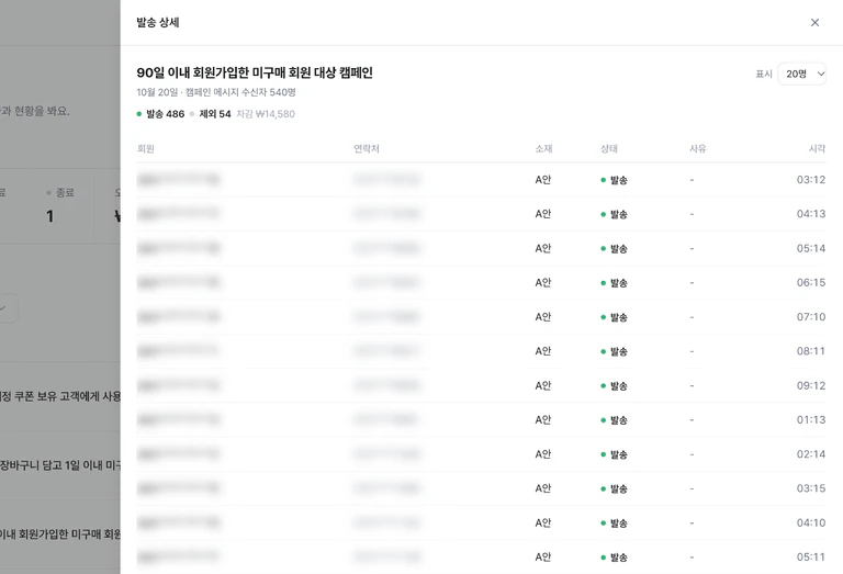 발송 상세의 수신자 명단
