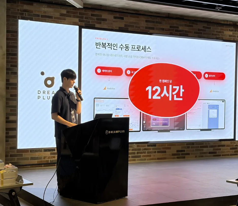 캠페인 하나에 12시간이 걸리는 수동 프로세스 장표 앞에서 발표하는 모습