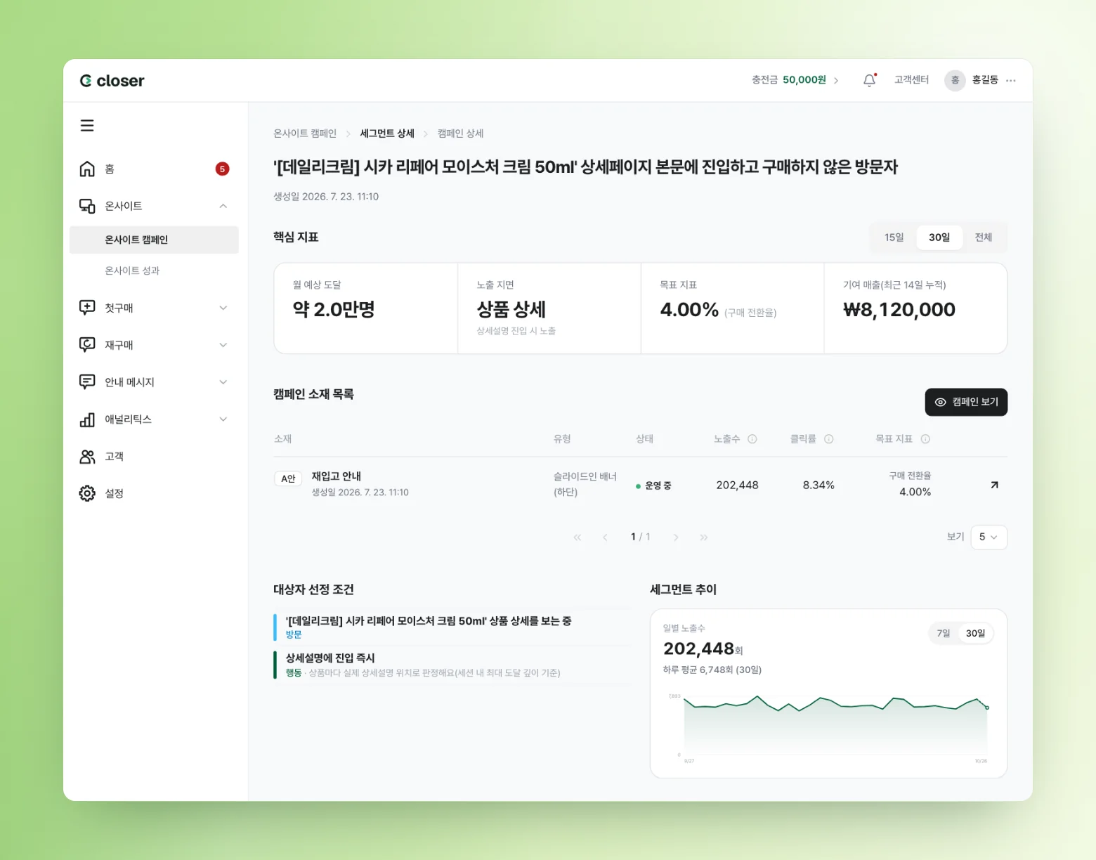 클로저 온사이트 세그먼트 상세 화면에 상세설명 진입을 신호로 잡은 대상자 조건이 보이는 모습
